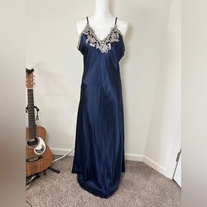 Elegant Dark Blue Maxi Slip Sleepgown Dress w/ Steel Gray Lace Trim 💍 💙